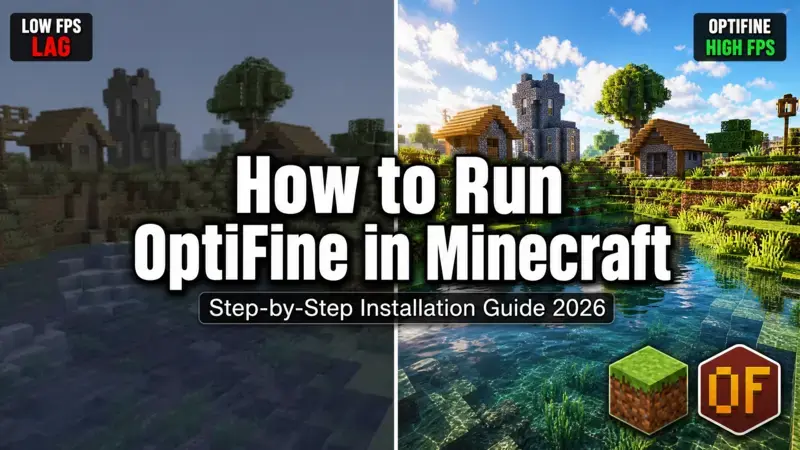 How to Run OptiFine in Minecraft guide thumbnail showing a split-screen comparison of laggy low-FPS gameplay versus smooth high-FPS graphics with shaders.