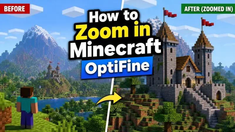 A split-screen comparison showing how to zoom in Minecraft OptiFine with a magnified view of a blocky castle.