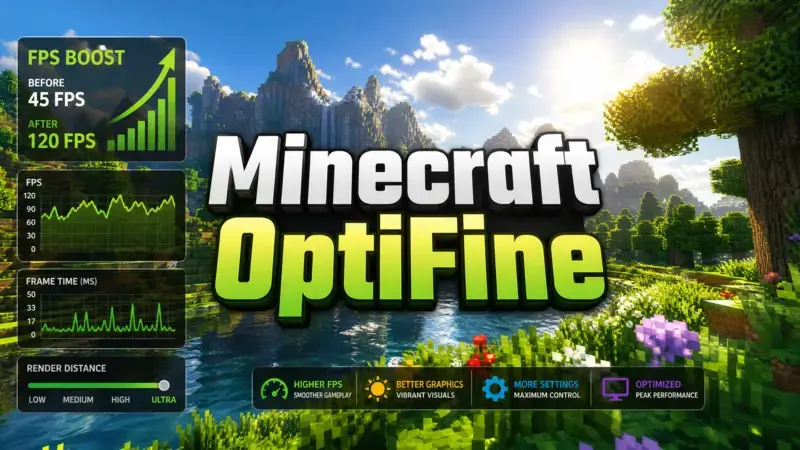 A professional featured image for Minecraft OptiFine showing FPS boost graphs and a beautiful blocky landscape with shaders.