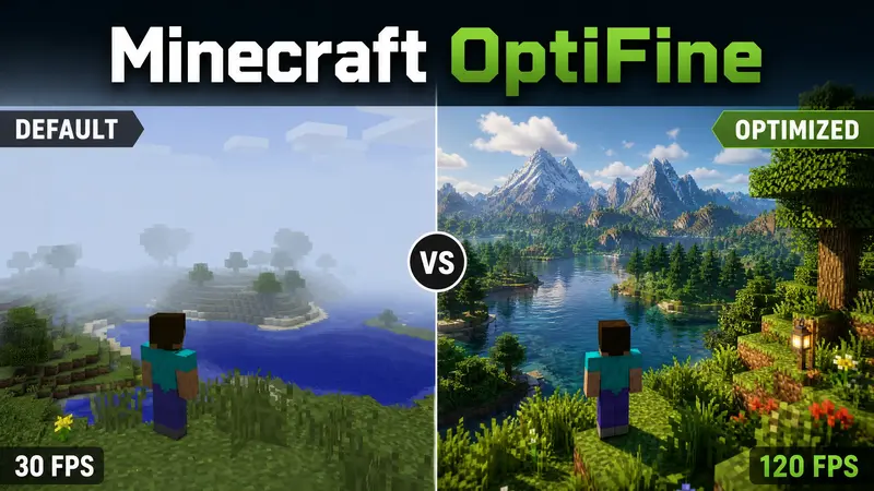 Minecraft OptiFine FPS comparison between default Minecraft and optimized gameplay.