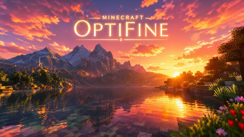 Minecraft OptiFine shaders showing realistic lighting and water reflections.