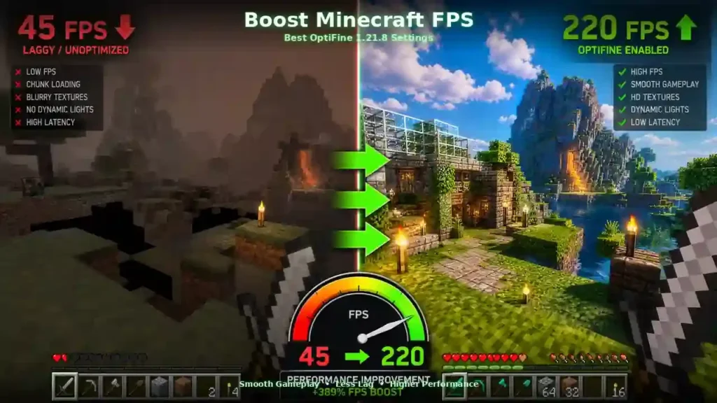 Comparison of Minecraft before and after OptiFine 1.21.8 showing higher FPS, reduced lag, and improved graphics settings.