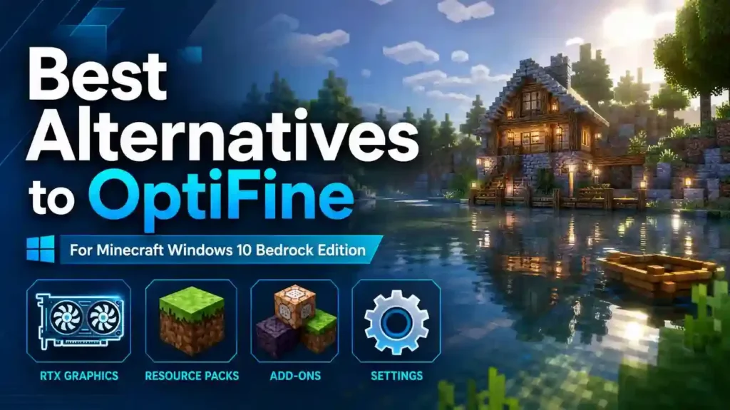 Best alternatives to OptiFine for Minecraft Windows 10 Bedrock showing RTX graphics resource packs add-ons and settings