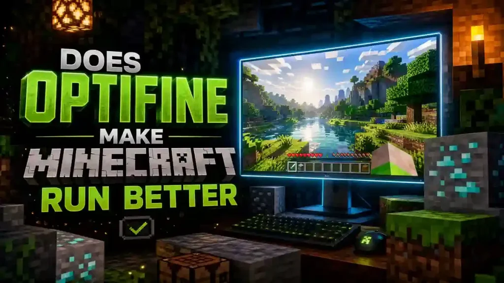 OptiFine improving Minecraft performance with higher FPS, smoother gameplay, and reduced lag in Minecraft Java Edition.