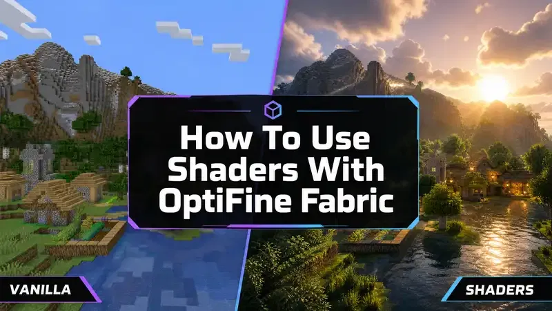 How to use shaders with OptiFine Fabric comparison showing vanilla Minecraft on the left and shader-enhanced realistic graphics on the right
