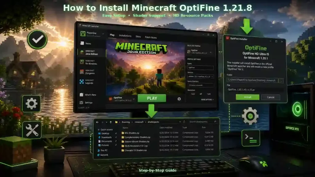 Minecraft OptiFine 1.21.8 installation tutorial showing Minecraft Launcher, OptiFine installer, shaders, and HD resource packs.