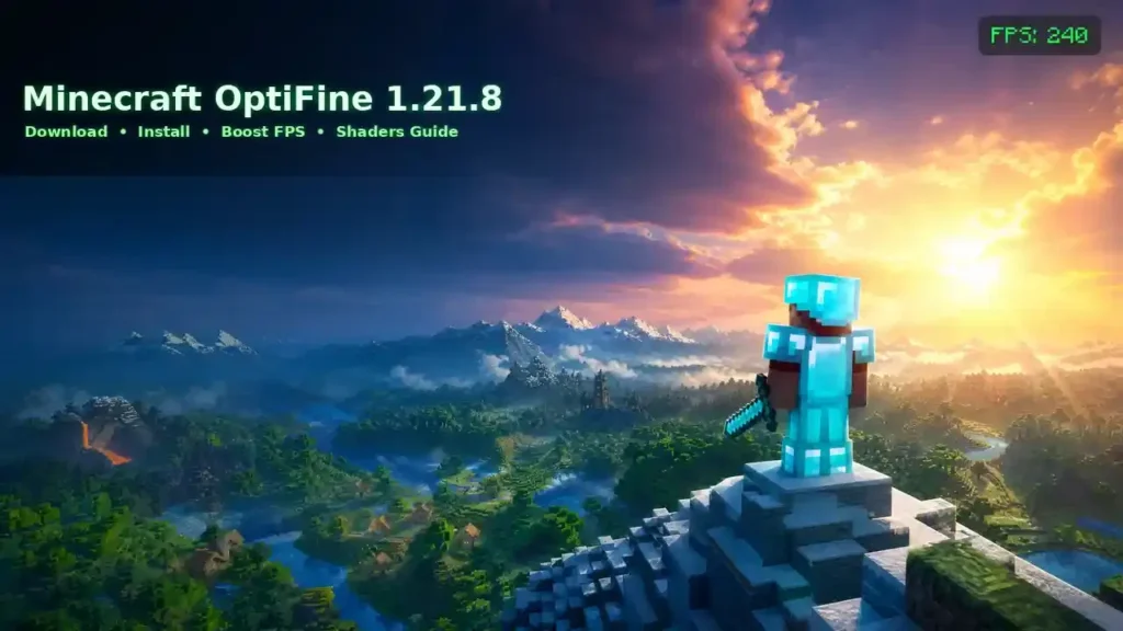 Minecraft OptiFine 1.21.8 hero banner showing shaders, HD textures, and FPS optimization for Minecraft Java Edition.