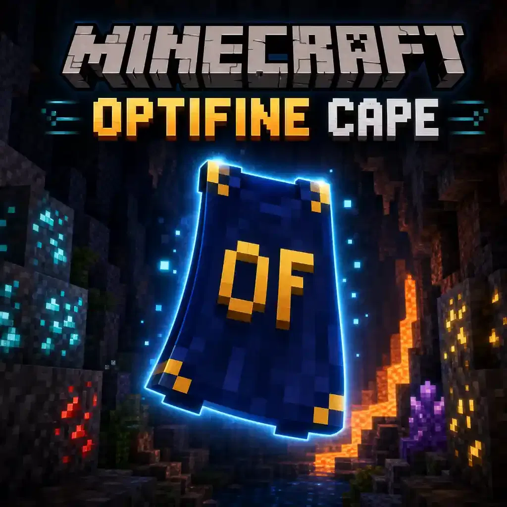 Minecraft OptiFine Cape with a custom banner design displayed on a player wearing diamond armor in Minecraft Java Edition.