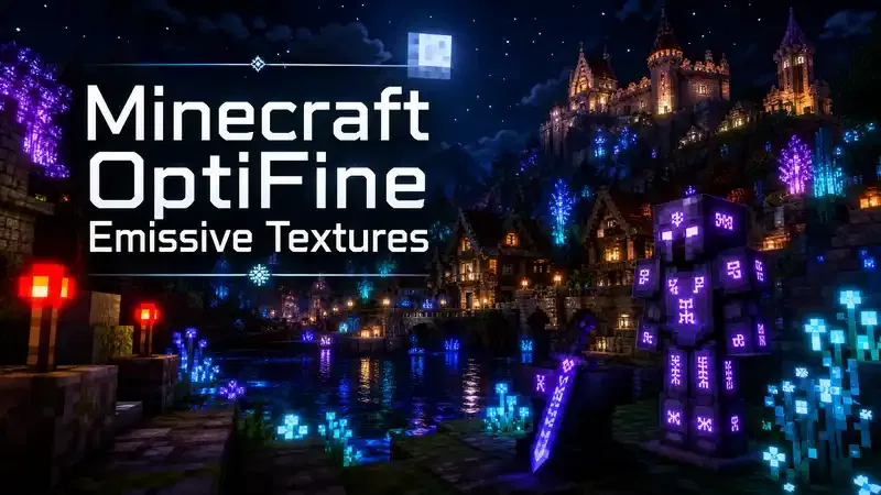 Minecraft OptiFine emissive textures showing glowing blocks, items, entities, armor trims, and resource pack setup in Minecraft Java Edition
