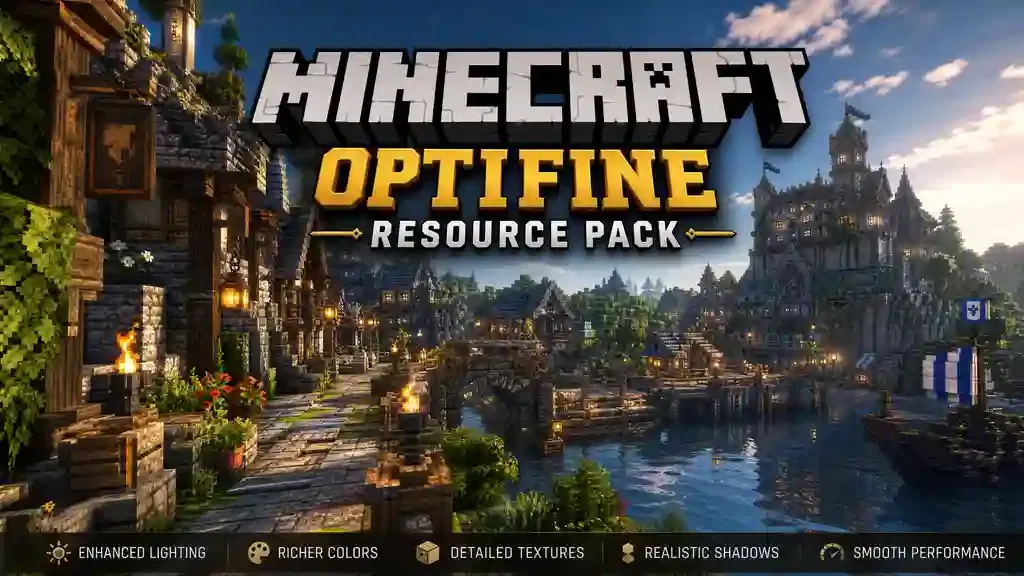 Minecraft OptiFine resource pack showing advanced textures, connected textures, custom items, and visual features
