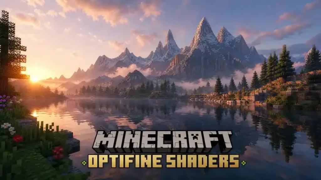 Minecraft OptiFine shaders showing realistic lighting, dynamic shadows, reflections, and enhanced graphics in Minecraft Java Edition.
