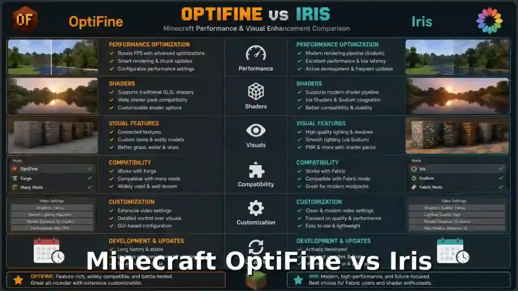 Minecraft OptiFine vs Iris installation and settings comparison