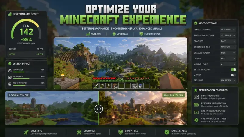 Minecraft OptiFine interface showing graphics settings, shaders, and FPS optimization features