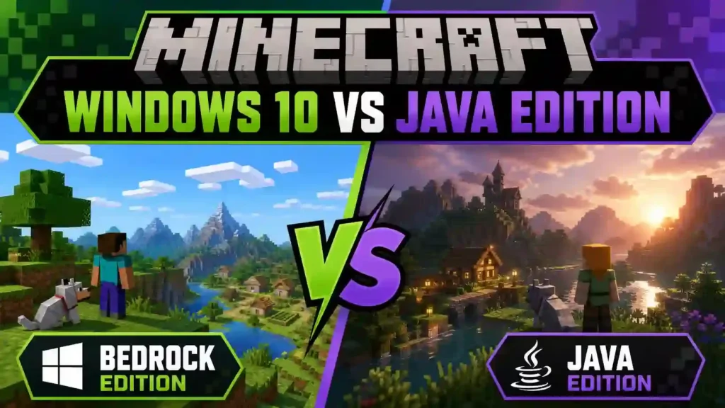 Minecraft Windows 10 Bedrock Edition vs Java Edition side by side comparison showing different graphics and features