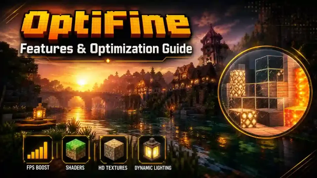 OptiFine Minecraft mod features guide showing FPS boost, shaders, HD textures and dynamic lighting options