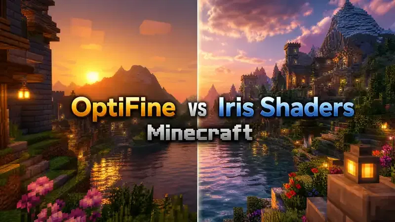 Comparison of OptiFine and Iris Shaders in Minecraft showing FPS, performance, shader support, mod compatibility, and graphics features.