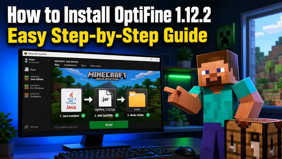 Step-by-step Minecraft OptiFine 1.12.2 installation guide showing Java setup, OptiFine JAR file, mods folder, Minecraft Launcher, and Steve explaining the installation process.