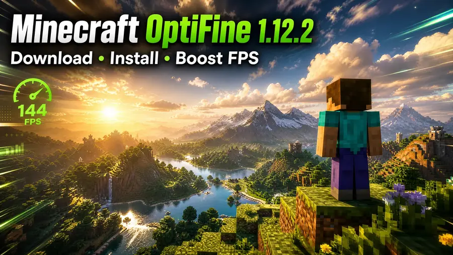Minecraft OptiFine 1.12.2 featured image showing Steve overlooking a scenic Minecraft world with shaders, HD textures, high FPS, and the text "Download, Install, Boost FPS."