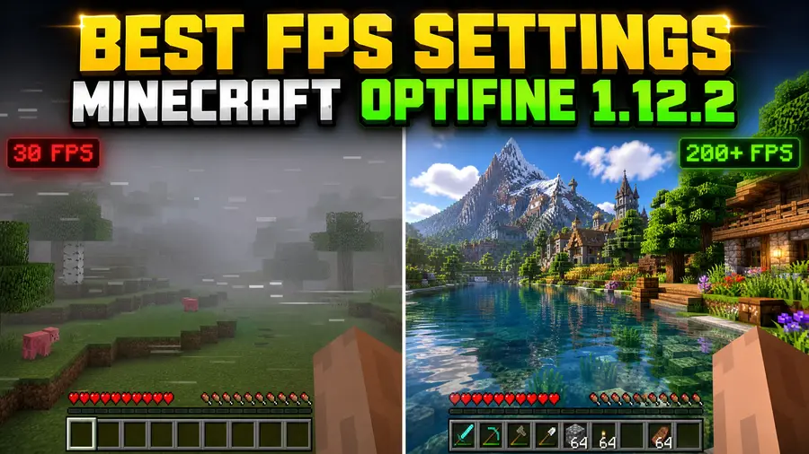 Comparison image showing the best Minecraft OptiFine 1.12.2 FPS settings with low FPS on the left and optimized 200+ FPS gameplay with improved graphics, shaders, and render distance on the right.