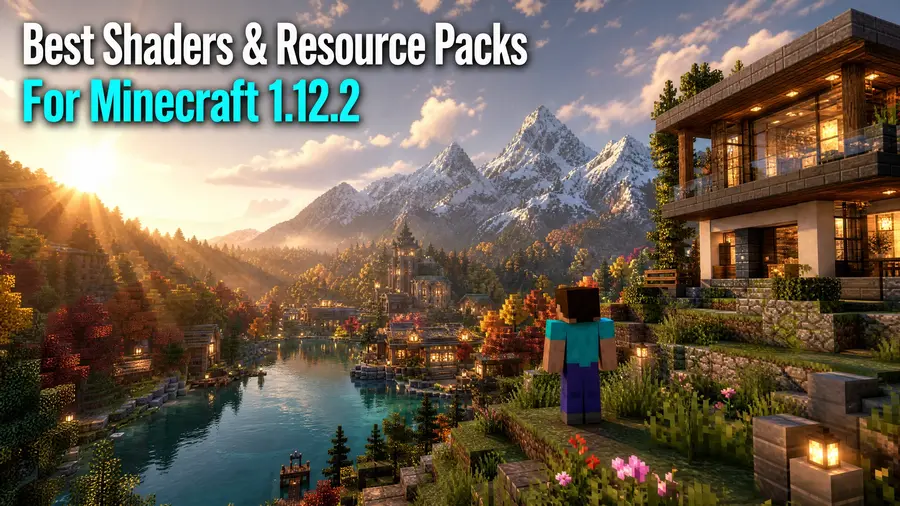 Minecraft OptiFine 1.12.2 image showcasing the best shaders and resource packs with realistic lighting, HD textures, modern builds, mountains, and enhanced graphics for Minecraft Java Edition.