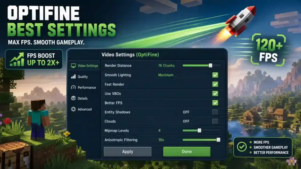 Best OptiFine 1.13.2 settings for higher FPS and smoother Minecraft gameplay.