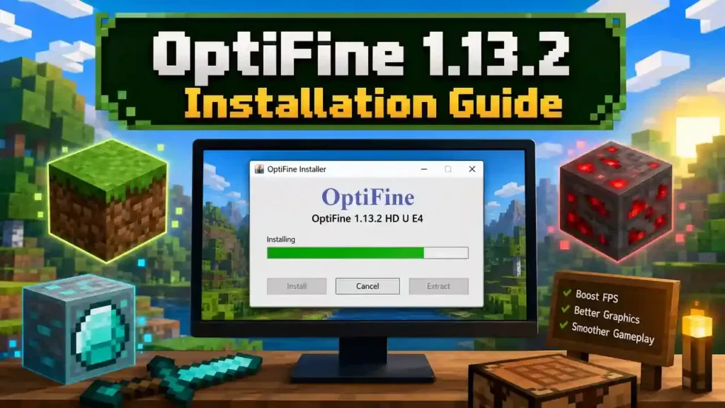Minecraft OptiFine 1.13.2 installer with FPS boost and graphics improvements.