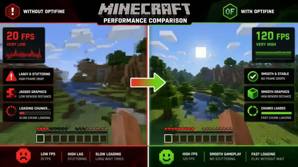 Minecraft OptiFine 1.13.2 FPS comparison with and without OptiFine.