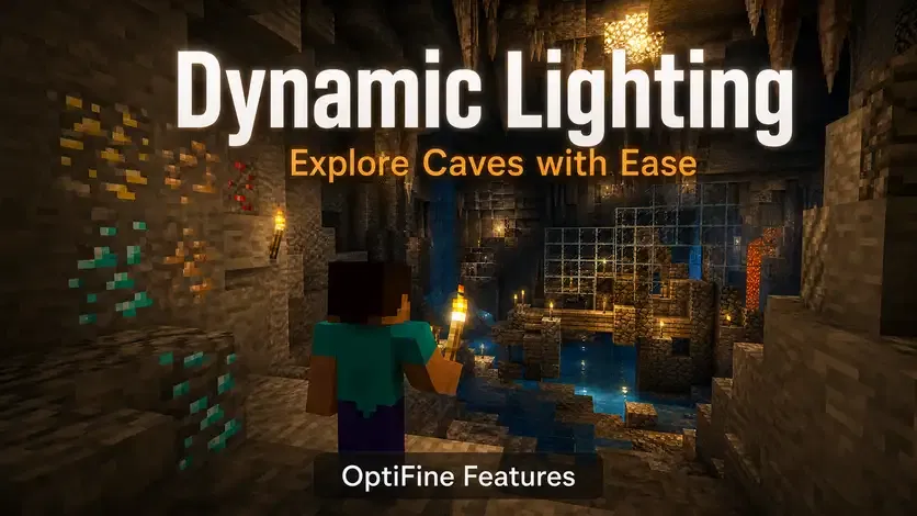 OptiFine 1.14.4 dynamic lighting feature in a Minecraft cave