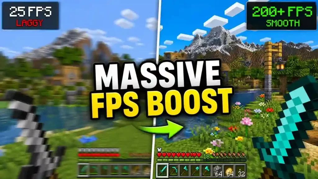 Minecraft OptiFine 1.15 FPS boost before and after comparison.