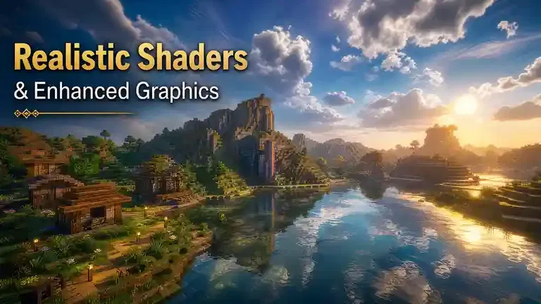 Minecraft OptiFine 1.16 showcasing realistic shaders, enhanced graphics, and beautiful landscape.