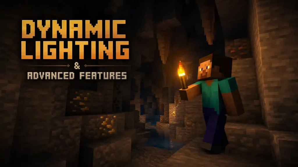 Minecraft OptiFine 1.16 Dynamic Lighting feature with a player holding a torch inside a cave.