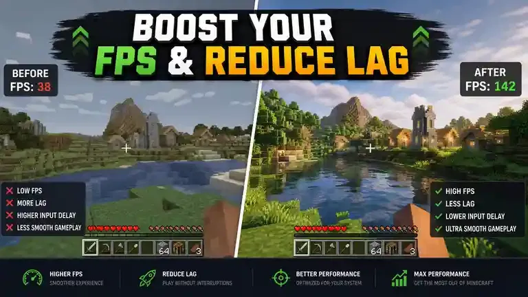 Minecraft OptiFine 1.17 FPS boost comparison before and after optimization.