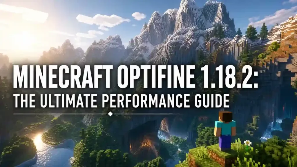 Minecraft OptiFine 1.18.2 banner with snowy mountains, shaders, and Steve overlooking the landscape.