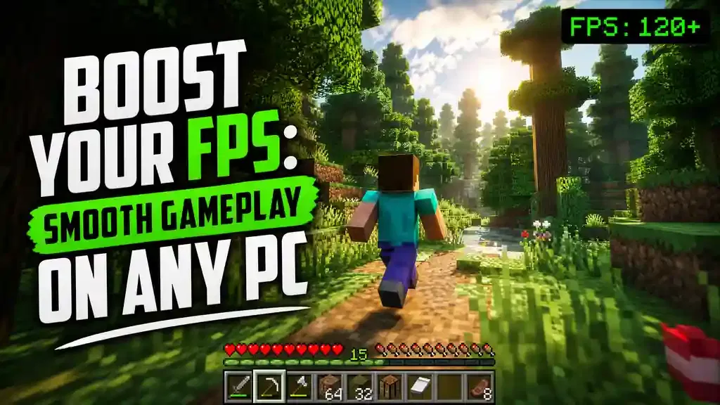 Minecraft OptiFine 1.18.2 FPS boost banner showing Steve running through a forest with smooth gameplay.