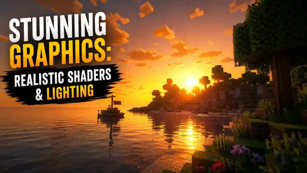 Minecraft OptiFine 1.18.2 shaders showcasing realistic lighting, sunset reflections, and enhanced graphics.