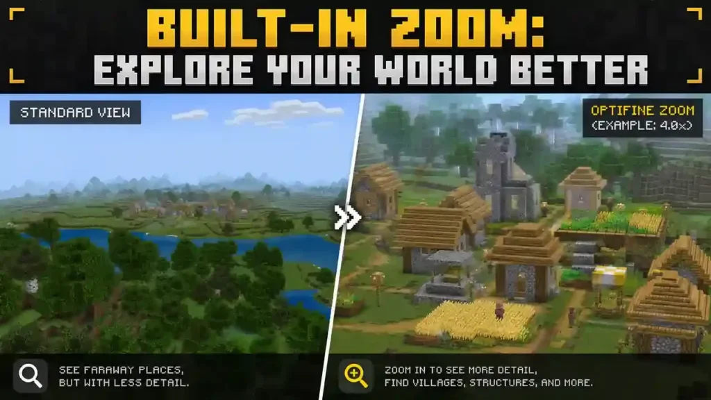 Minecraft OptiFine 1.18.2 built-in zoom comparison showing standard view versus zoomed village details.