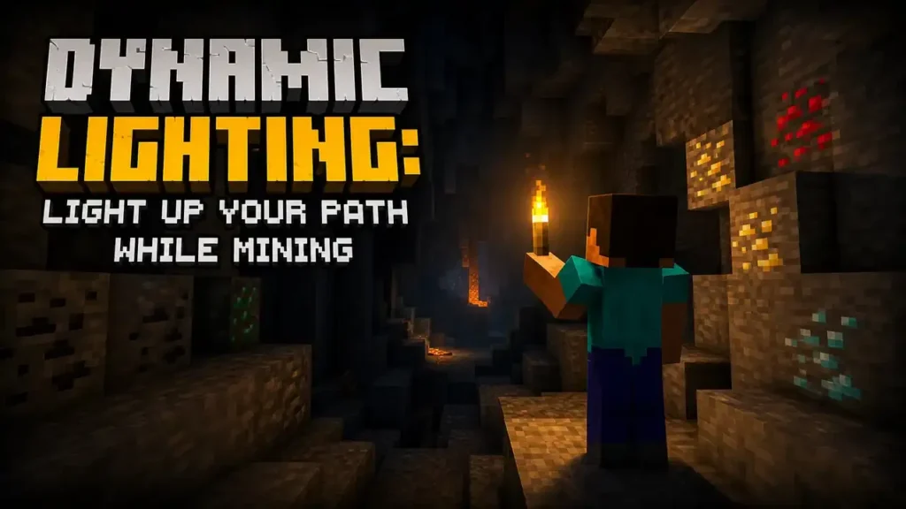 Minecraft OptiFine 1.18.2 Dynamic Lighting showing Steve holding a torch while exploring a cave.