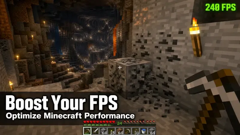 First-person view of a Minecraft player mining coal in a cave with a bright green 240 FPS counter displayed in the top-right corner, demonstrating smooth optimized gameplay
