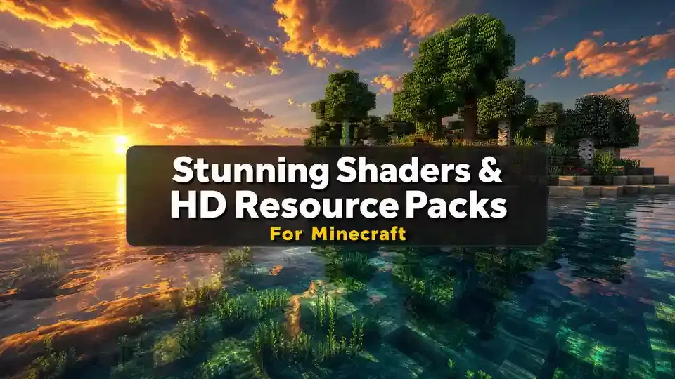 Minecraft ocean scene at sunset with realistic water reflections, glowing underwater vegetation, and volumetric clouds, showcasing shader pack and HD resource pack visual enhancements