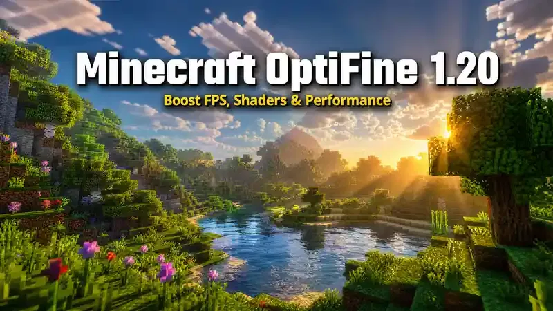Minecraft OptiFine 1.20 banner showing a lush green landscape with shimmering water reflections and golden sunlight filtering through pixelated clouds, representing enhanced graphics and performance