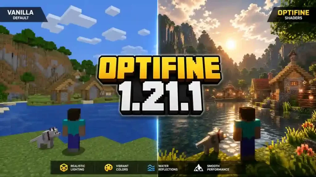 Minecraft OptiFine 1.21.1 comparison showing Vanilla graphics on the left and OptiFine shaders with realistic lighting, water reflections, and enhanced visuals on the right.
