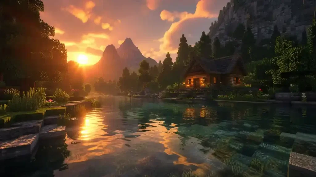 Minecraft OptiFine 1.21.1 shader preview showing enhanced lighting, water reflections, colorful landscapes, and performance improvements over Vanilla.