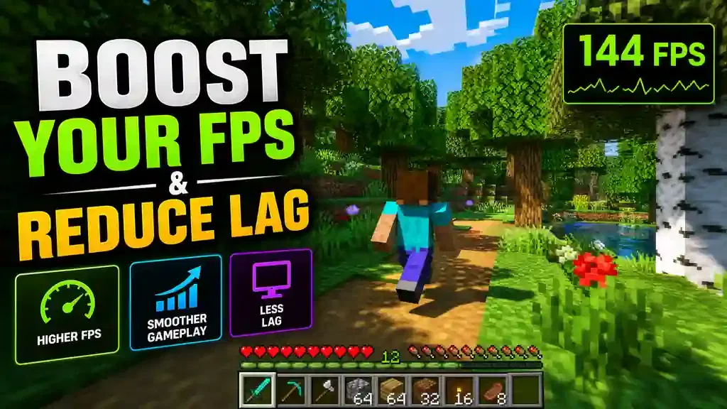 Minecraft gameplay showing a character in a forest with an FPS counter at 144 FPS and text "Boost Your FPS & Reduce Lag".