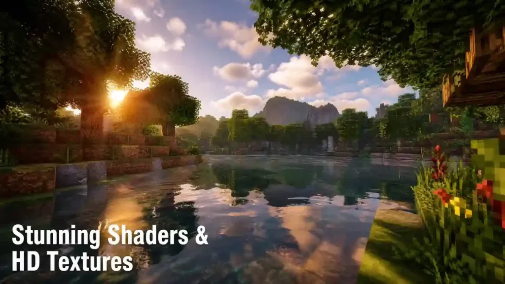 A cinematic Minecraft shot of a lake with crystal clear water reflections and waving trees, with text "Stunning Shaders & HD Textures".