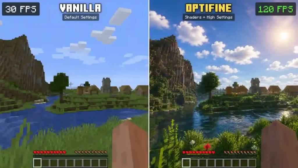Side-by-side comparison of Vanilla Minecraft and Minecraft OptiFine 1.21.6 showing improved FPS, shaders, lighting, and graphics quality.