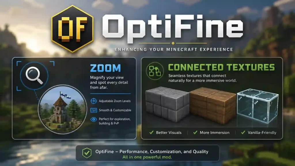 Minecraft OptiFine 1.21.6 features including Zoom, Connected Textures, improved performance, and enhanced graphics for Minecraft Java Edition.