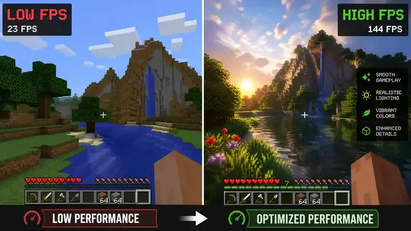 Side-by-side comparison of low FPS vs high FPS in Minecraft using OptiFine 1.21.7 optimization.