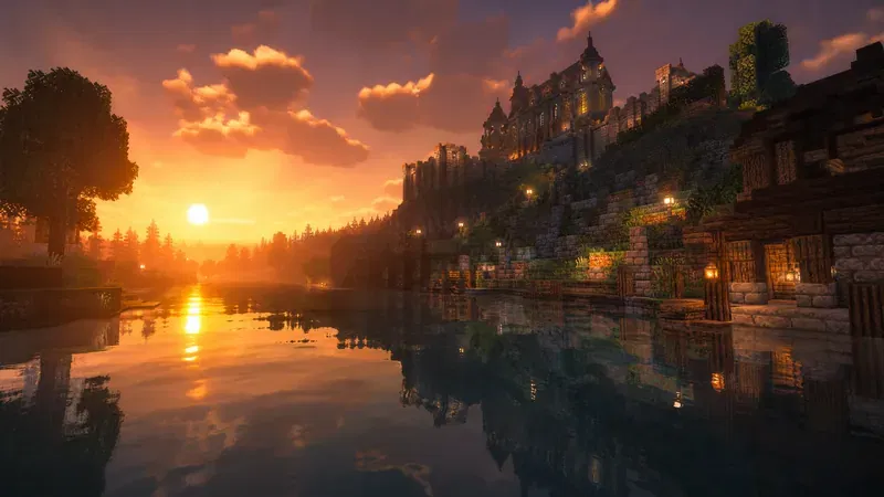 Cinematic Minecraft sunset with realistic shaders, dynamic lighting, and water reflections enabled by OptiFine.