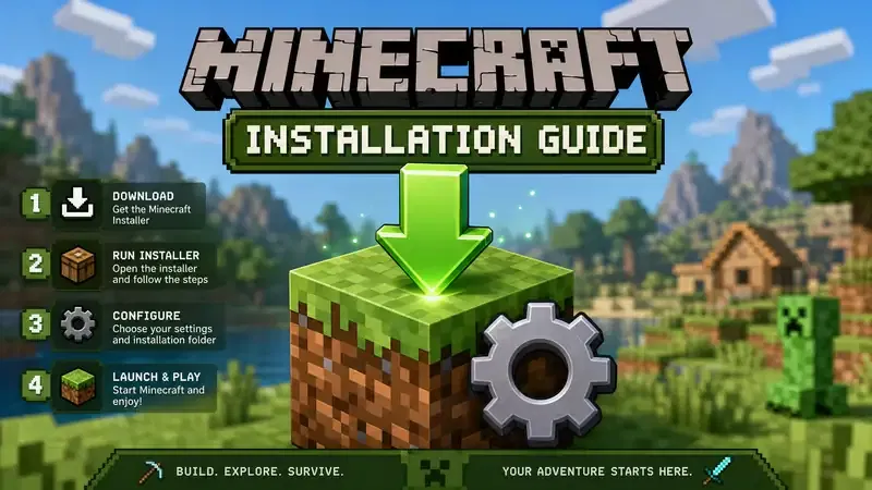 Stylized Minecraft grass block with a download arrow and settings gear icon for an installation tutorial.