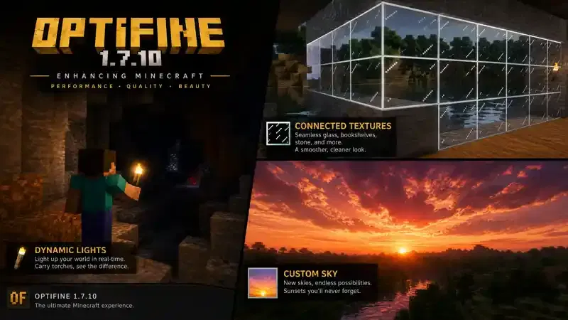  A collage of Minecraft features including Dynamic Lights, Connected Textures, and Custom Sky effects.